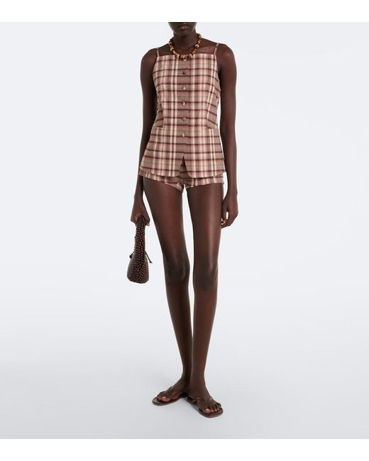 Staud Pink Nilo Checked Linen-Blend Shorts