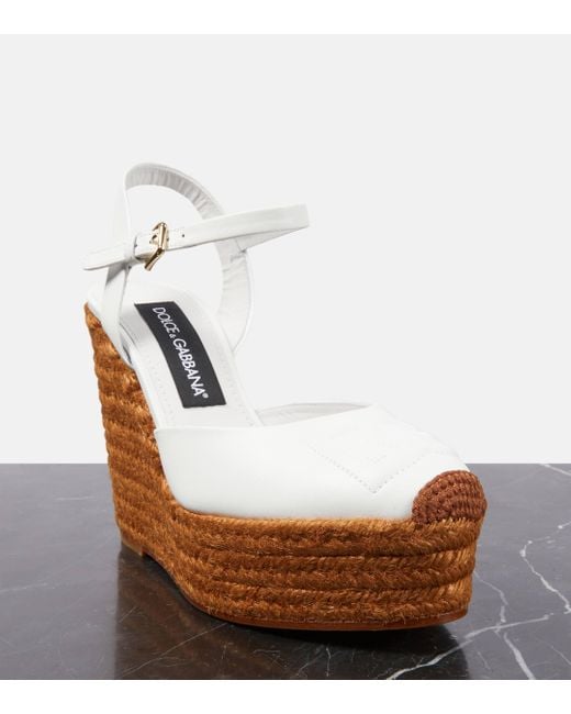 Dolce & Gabbana White Logo Embroidered Leather Wedge Espadrilles