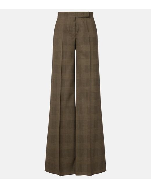 Max Mara Natural Checked Virgin Wool Wide-Leg Pants