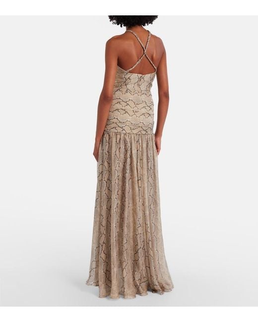 Elie Saab Natural Snake-Print Silk Chiffon Maxi Skirt