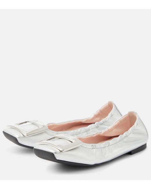 Roger Vivier White Viv' Pockette Metallic Leather Ballet Flats