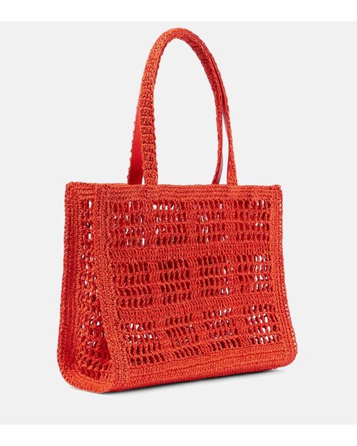 Tory Burch Red Ella Small Crochet Raffia Tote Bag