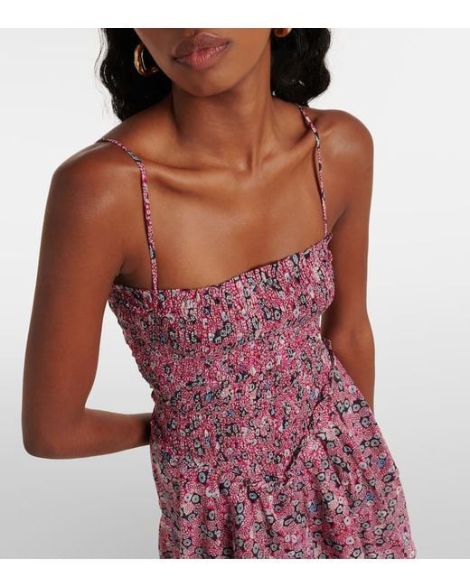 Isabel Marant Purple Anka Shirred Tiered Printed Cotton-Voile Mini Dress