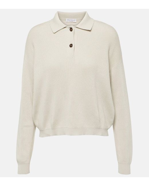 Brunello Cucinelli White Ribbed-knit Cotton Polo Sweater