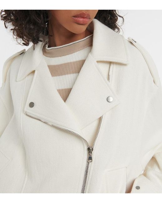 Brunello Cucinelli White Cotton And Linen Biker Jacket