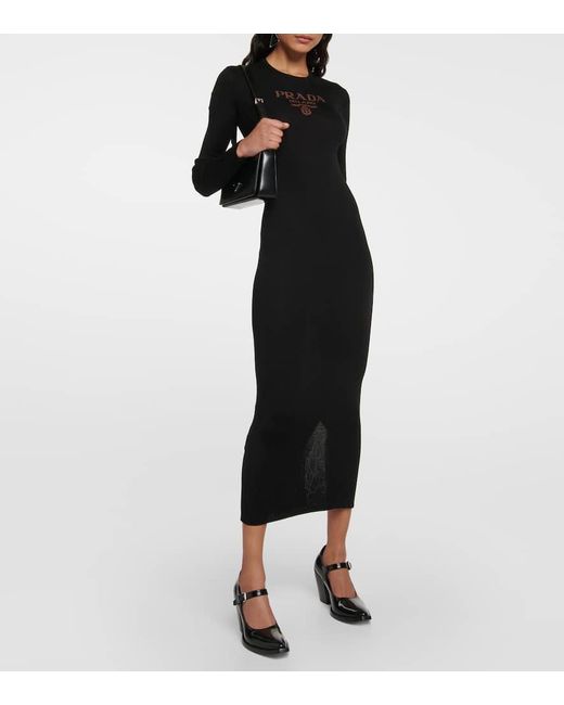 Prada Black Logo-Print Silk Midi Dress