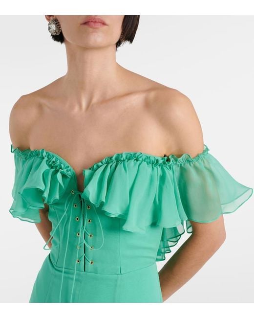 Costarellos Green Off-Shoulder Corset Silk Gown