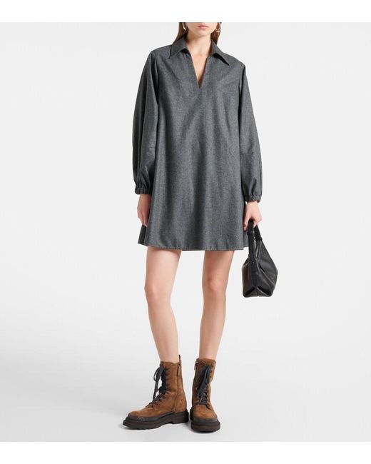 Brunello Cucinelli Gray Balloon-Sleeve Flannel Minidress
