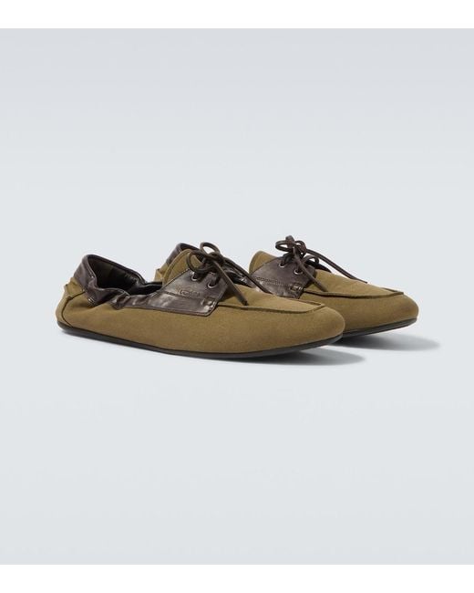 Prada Brown Shuffle Leather-Trimmed Canvas Boat Shoes for men