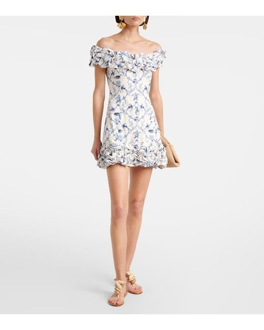 Agua Bendita Blue Jardin Off-Shoulder Cotton Minidress