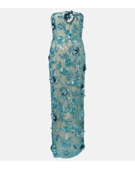 Rachel Gilbert Green Pierre Embellished Floral-Applique Gown