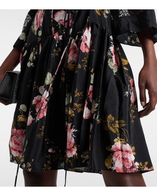 Erdem Black Floral Silk Crepe De Chine Minidress