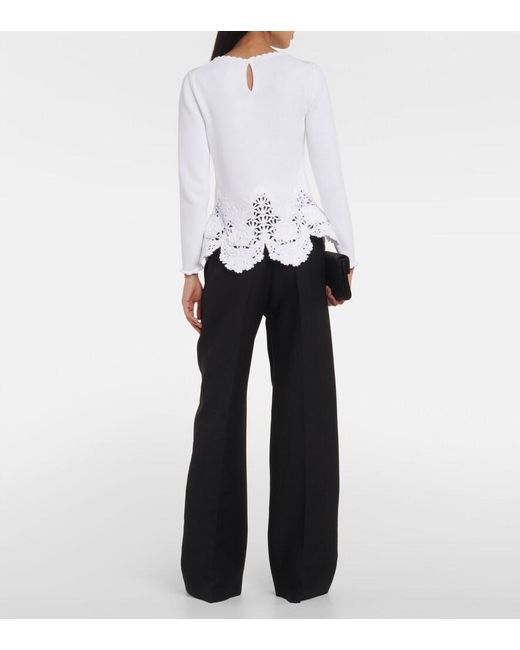 Oscar de la Renta White Lace-Trimmed Cotton Sweater