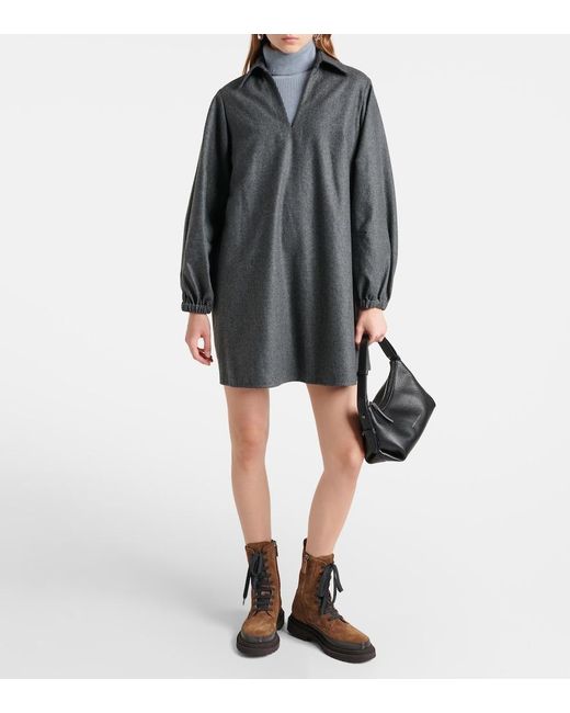 Brunello Cucinelli Gray Balloon-Sleeve Flannel Minidress