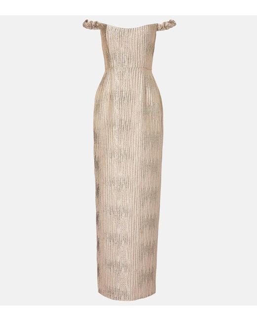 Markarian Natural Yolanda Off-Shoulder Brocade Gown