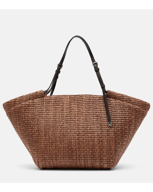 Brunello Cucinelli Brown Large Leather-Trimmed Raffia-Effect Tote Bag