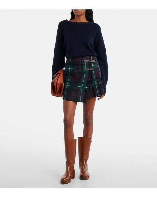 Polo Ralph Lauren Blue Plaid Pleated Wool Twill Wrap Skirt