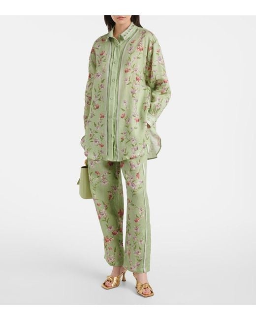 Agua Bendita Green Florecer Honeysuckle Linen Wide-Leg Pants