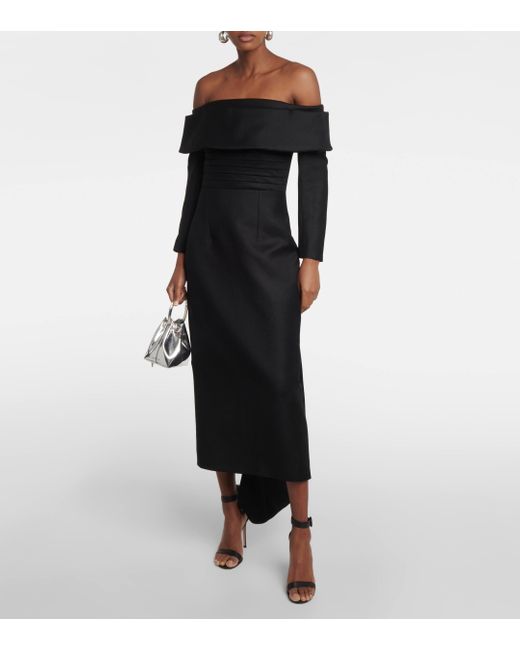 Emilia Wickstead Black Derika Off-the-shoulder Gathered Wool Midi Dress