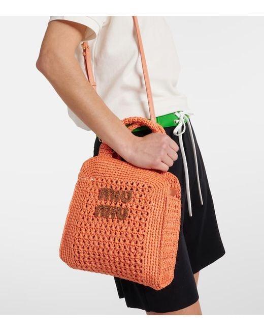 Miu Miu Orange Small Raffia Tote Bag