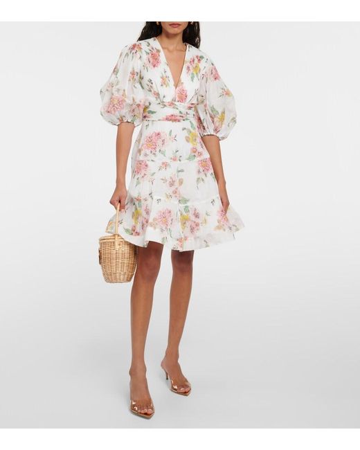 Zimmermann White Minidress With Puff Sleeves And Floral Print