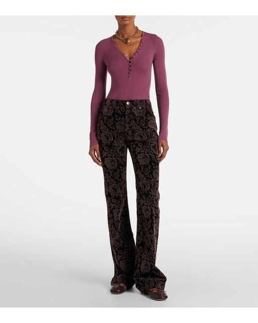 Chloé Black Floral High-Rise Velvet Straight Pants