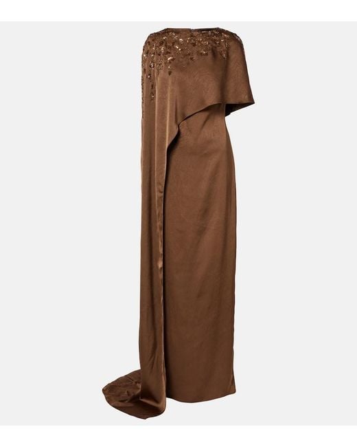 Marmar Halim Brown Embellished Caped Draped Gown