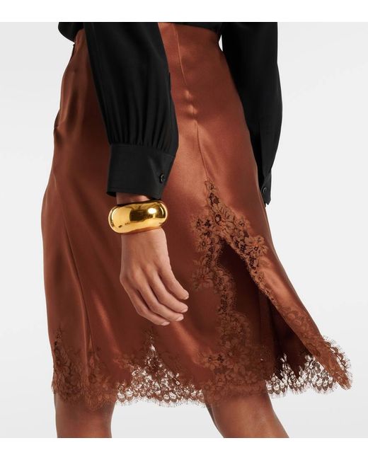 Minifalda de saten de seda con encaje Saint Laurent de color Brown