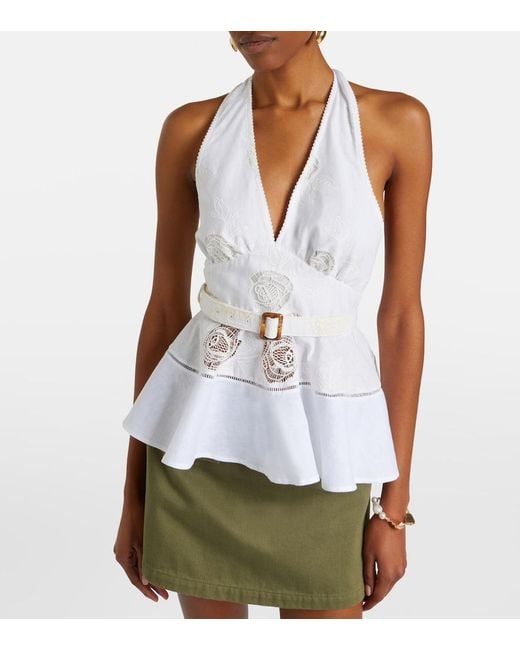 Self-Portrait White Broderie Anglaise Peplum Linen And Cotton Top