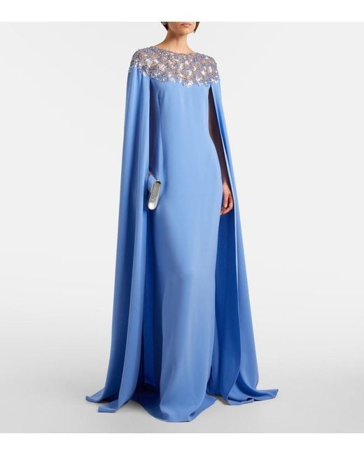 Oscar de la Renta Blue Embellished Caped Silk-Blend Gown