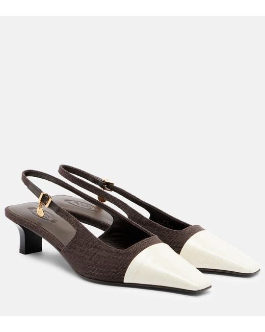 Tod's Brown Leather-Trimmed Canvas Slingback Pumps