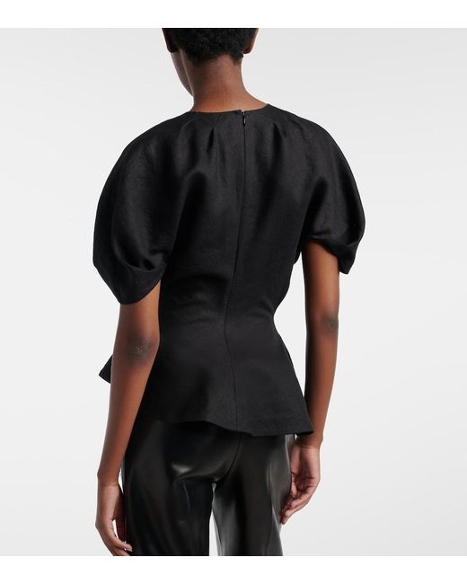 Khaite Black Rumi Peplum Linen-Blend Top
