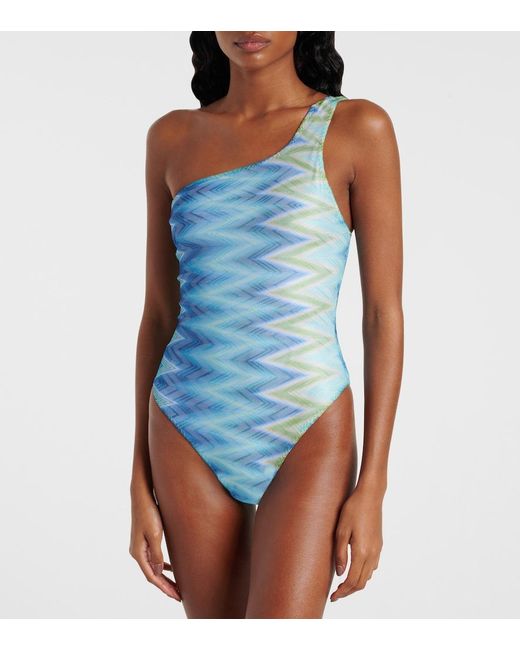 Missoni Blue Zigzag One-Shoulder Swimsuit