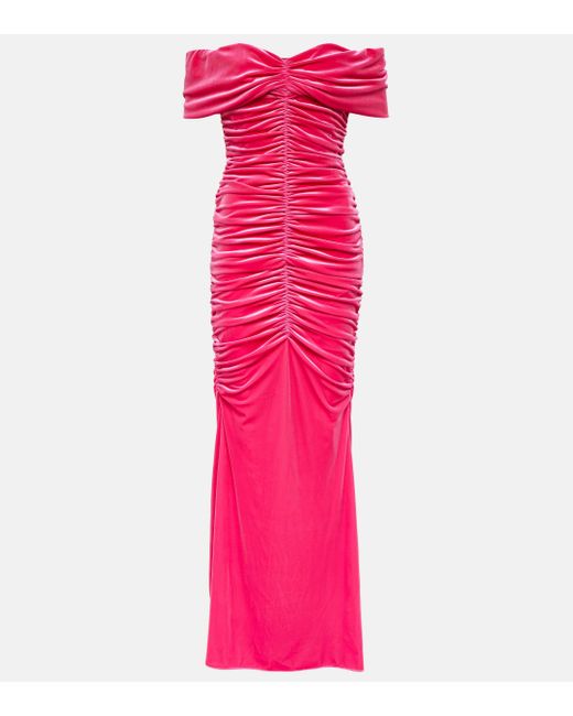 Monique Lhuillier Pink Ruched Off-shoulder Velvet Gown