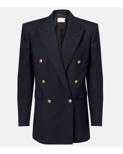 Saint Laurent Blue Double-Breasted Wool Chine Blazer