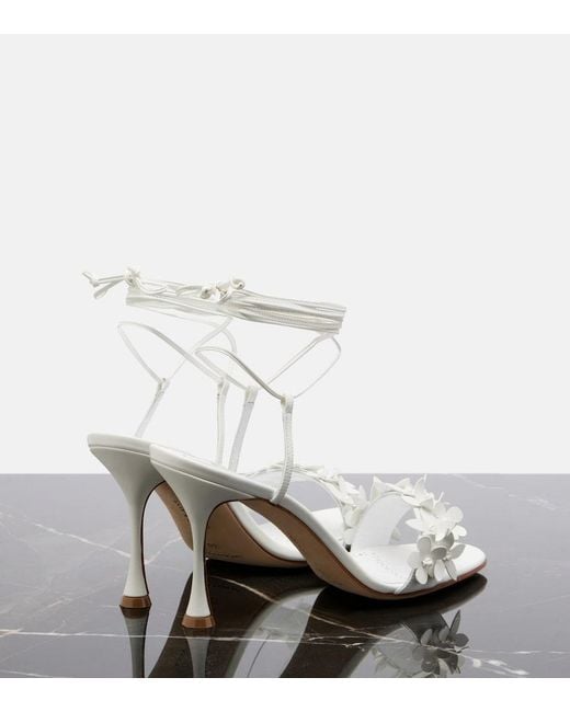 Manolo Blahnik White Anista Floral-Applique Leather Sandals
