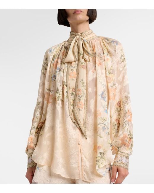 Camilla Natural Embellished Floral Tie-Neck Silk-Blend Blouse