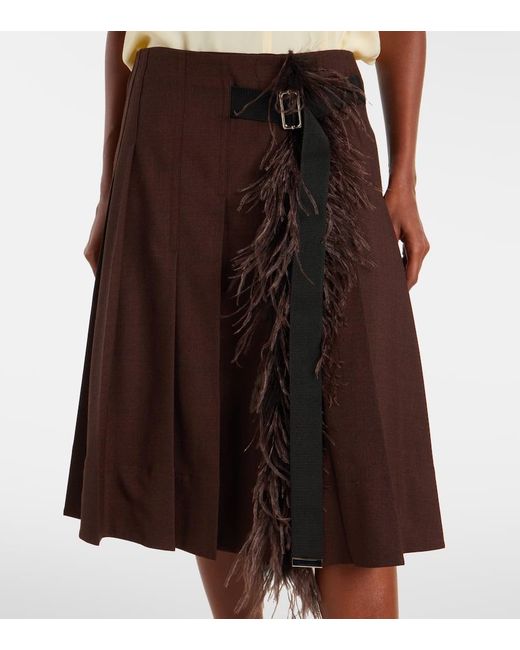 Plan C Brown Feather-Trimmed Pleated Wrap Skirt