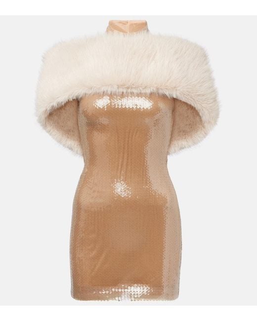 David Koma Natural Sequined Faux Fur Minidress