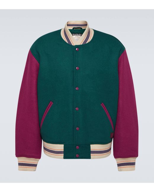 Acne Green Colorblocked Wool-blend Varsity Jacket for men