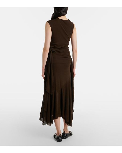 Ganni Brown Asymmetric Draped Mesh Midi Dress