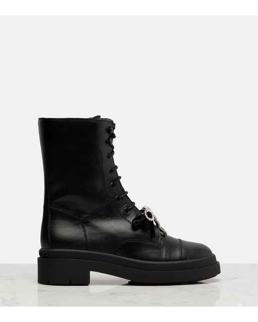 Jimmy Choo Black Averi Bow-Detail Leather Lace-Up Boots