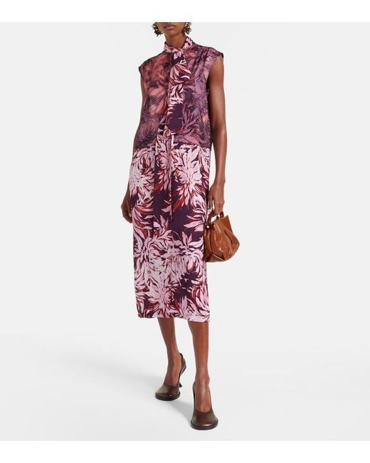 Dries Van Noten Purple Printed Tie-Neck Midi Dress