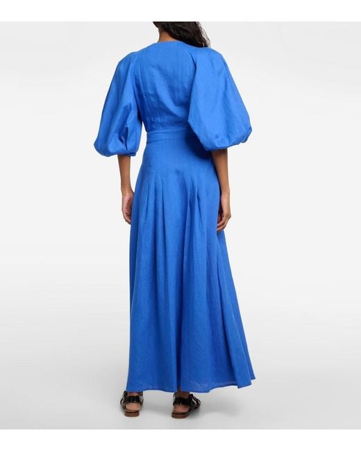 Gabriela Hearst Blue Elea Puff-Sleeve Linen Maxi Dress