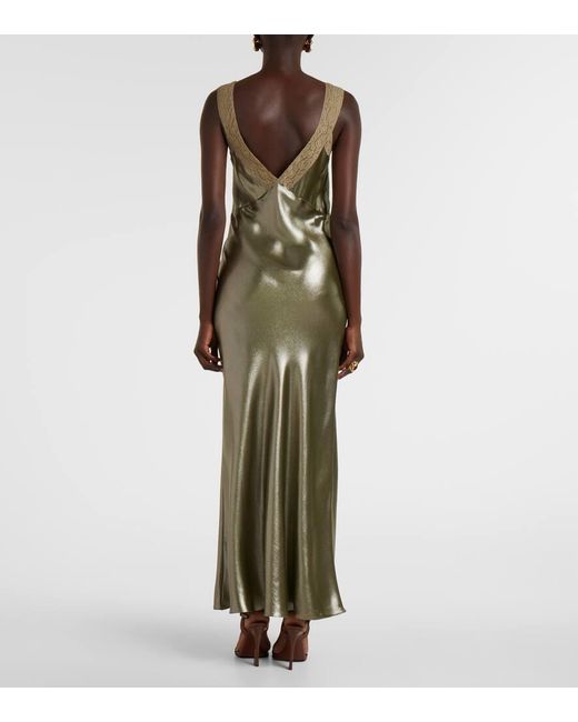Vestido Lencero De Charmeuse De Seda Con Encaje Saint Laurent de color Green