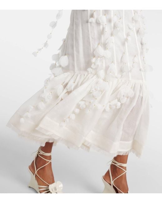 Zimmermann White Embroidered Floral Linen And Silk Midi Dress