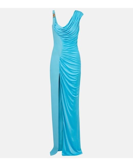 Versace Blue Medusa Draped Gown
