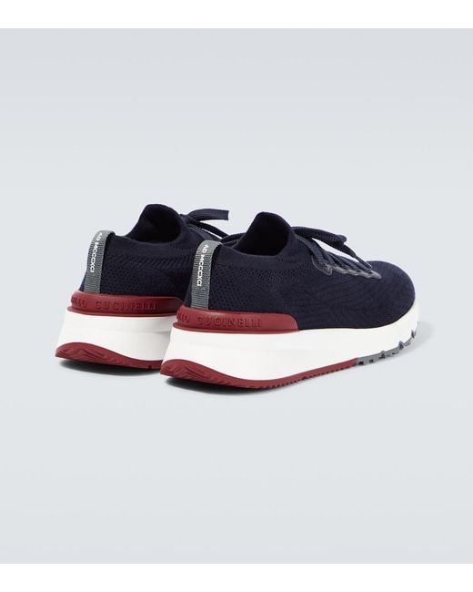 Brunello Cucinelli Blue Knitted Leather-Trimmed Sneakers for men