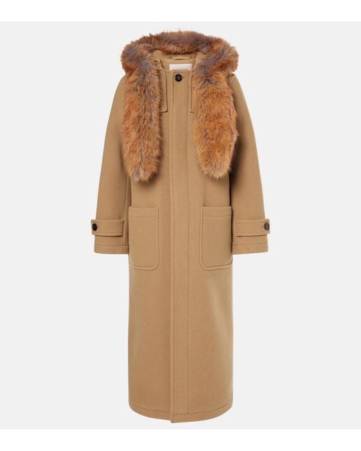 Burberry Natural Faux Fur-Trimmed Wool Coat