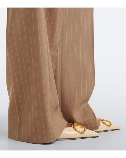 Valentino Natural Pinstripe Pleated Wool Wide-Leg Pants